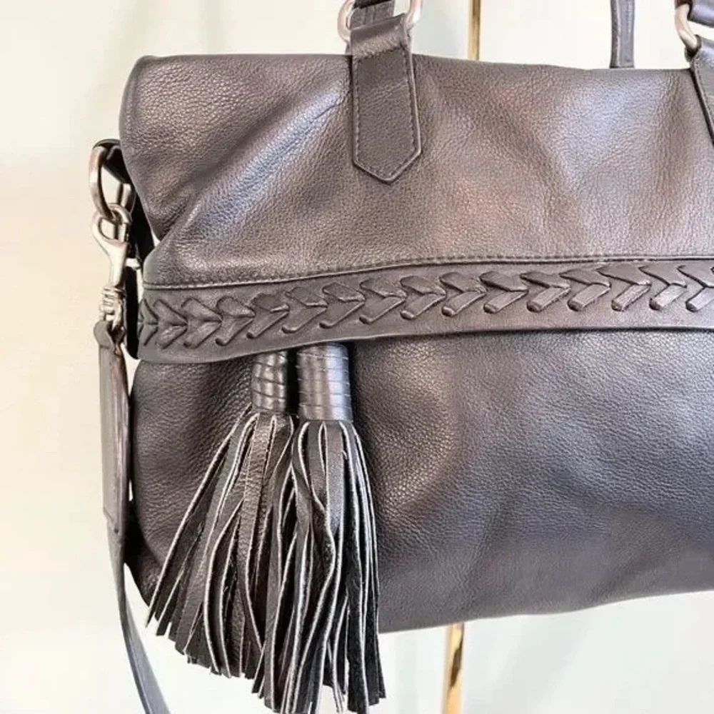 Joelle Hawkins Black Leather Tassels 2 Compartments Travel Luggage Duffle Bag - Picture 4 of 11